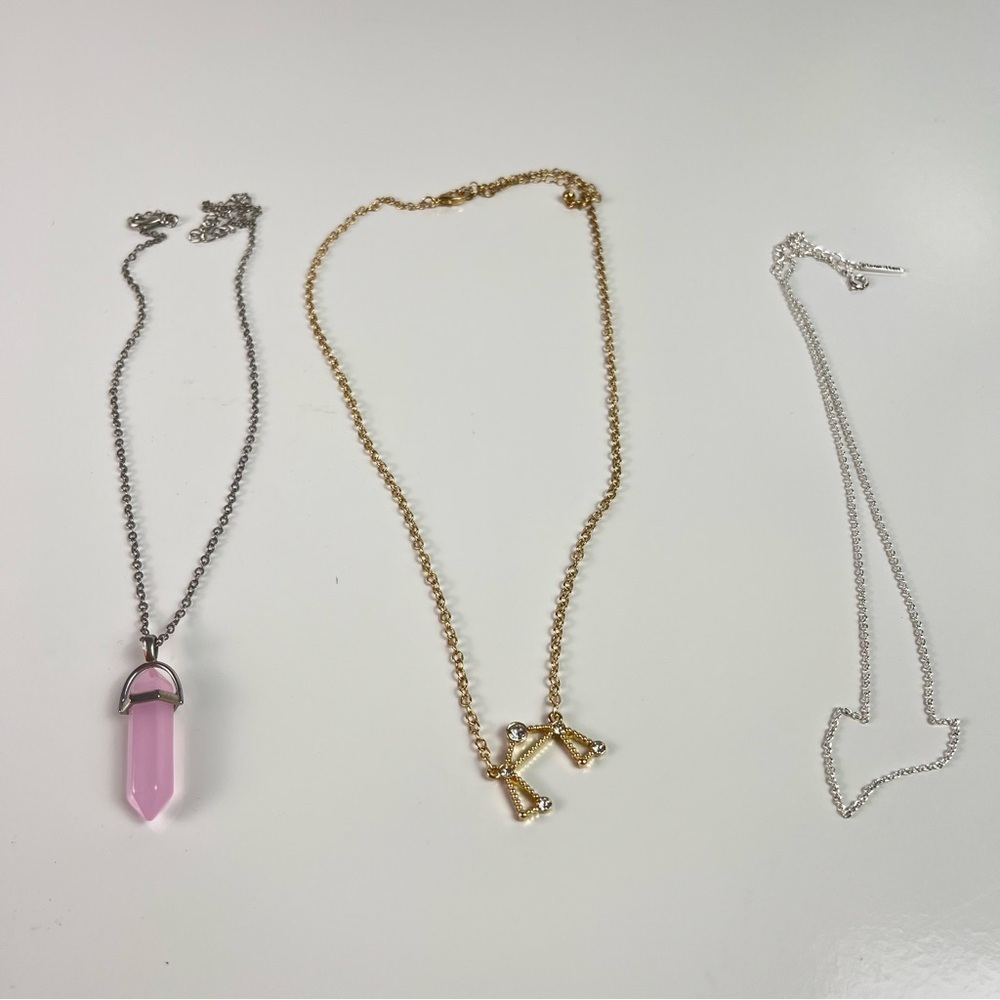 Lot of 3 Gold Toned and Silver Toned Necklaces Purple Stone